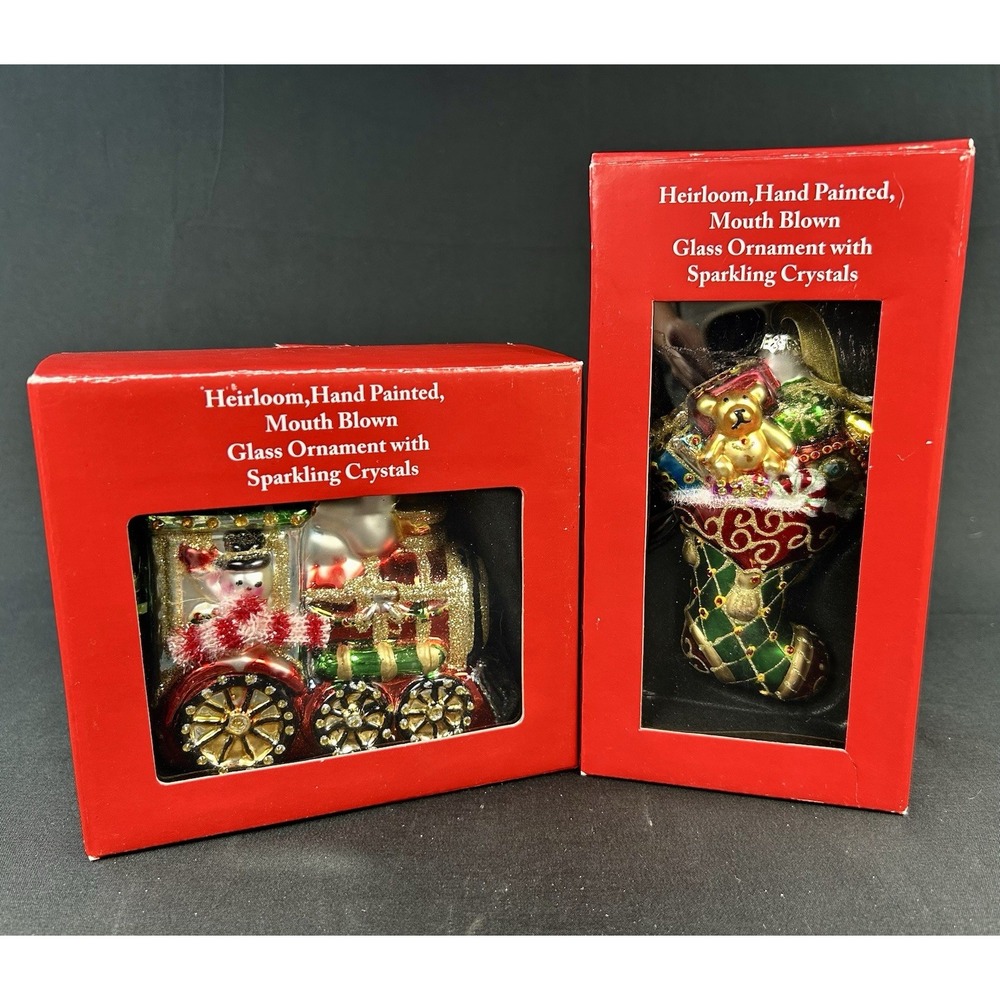 Heirloom Mouth Blown Glass Ornaments Train & Stocking Lot of 2 in box